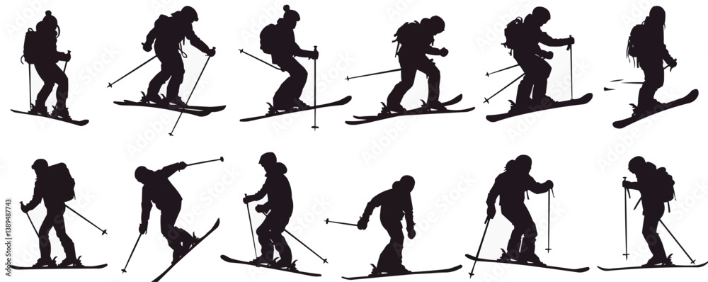 Fototapeta premium Silhouettes of skiers in various dynamic poses.