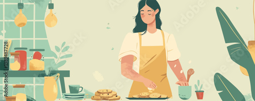Young asian female baking cookies in cozy kitchen with plants and kitchenware.