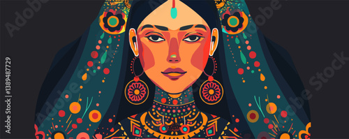 Vibrant artistic portrait of young asian female with ornate traditional attire.