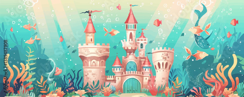Enchanting underwater castle with marine life and coral reefs.