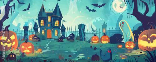 Spooky halloween night: haunted house, pumpkins, ghosts, bats, full moon.