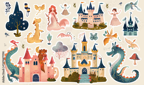 Whimsical fantasy kingdom with castles dragons and princesses.