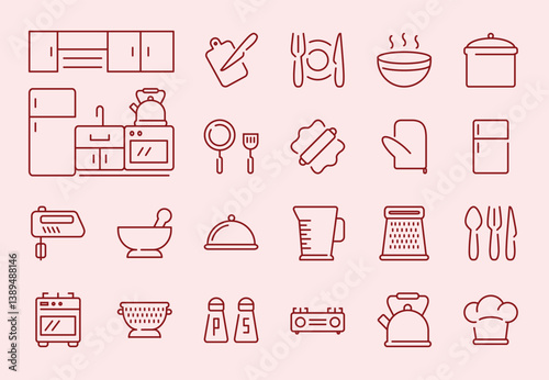 Editable stroke icon set with a kitchen theme, perfect for culinary projects and kitchen-related designs. These customizable icons feature kitchen utensils, appliances, ingredients, and more.