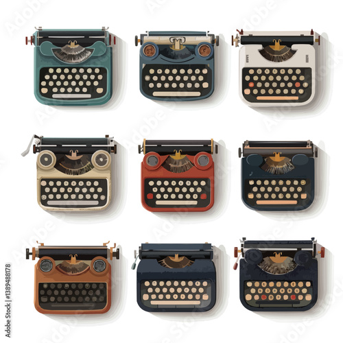 Collection of vintage typewriters with diverse designs and colors.