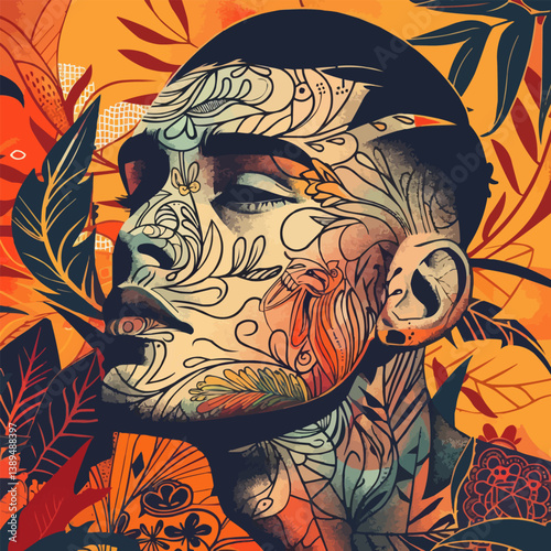 Vibrant abstract tattoo art on young male with nature motifs.