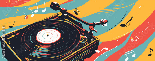 Vibrant retro turntable with colorful musical notes in dynamic motion.