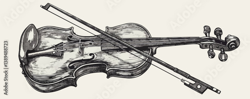Vintage black and white sketch of a violin with bow.