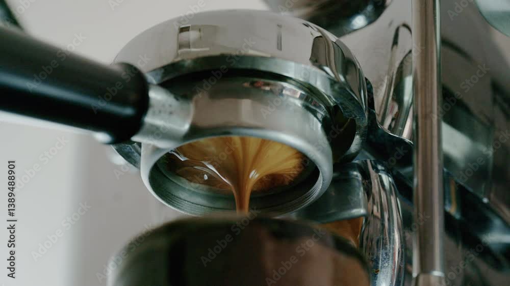 4K Pouring coffee stream from professional machine in cup. Barista man ...