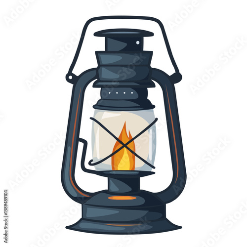 Vintage metal lantern with glass chamber and burning flame illustration.