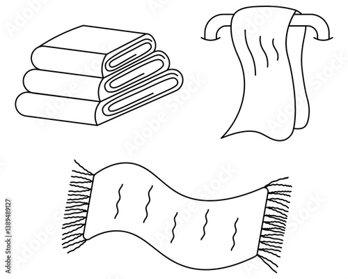 Bathroom set. Sketch. Stack of folded towels, rug with curly fringe, towel drying on heated towel rail. Vector illustration collection. Outline on isolated white background. Coloring book for kids. 