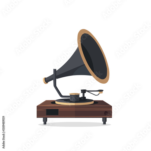 Vintage gramophone with wooden base and large horn on white background.