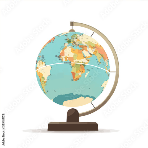 Colorful rotating globe on stand displaying continents and oceans.