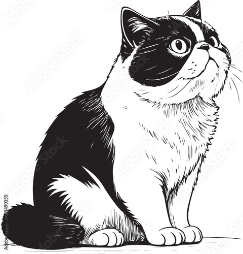 Exotic Shorthair Cat Breed Purebred Pet Black and White Vector Illustration, Sketch Drawing Line Linear Symbol Icon Engraving, Hand-drawn Isolated