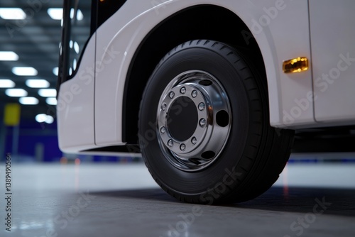 Close-up view of bus wheel showcasing detailed design and robust