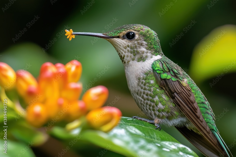 Fototapeta premium Tiny hummingbird feeding on vibrant orange flower lush green rainforest background sharp focus