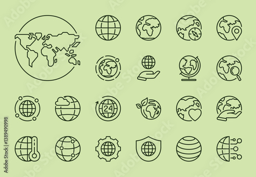 Editable stroke icon set with an Earth theme, perfect for environmental projects and nature-related designs. These customizable icons feature globes, world map, natural elements, and more.