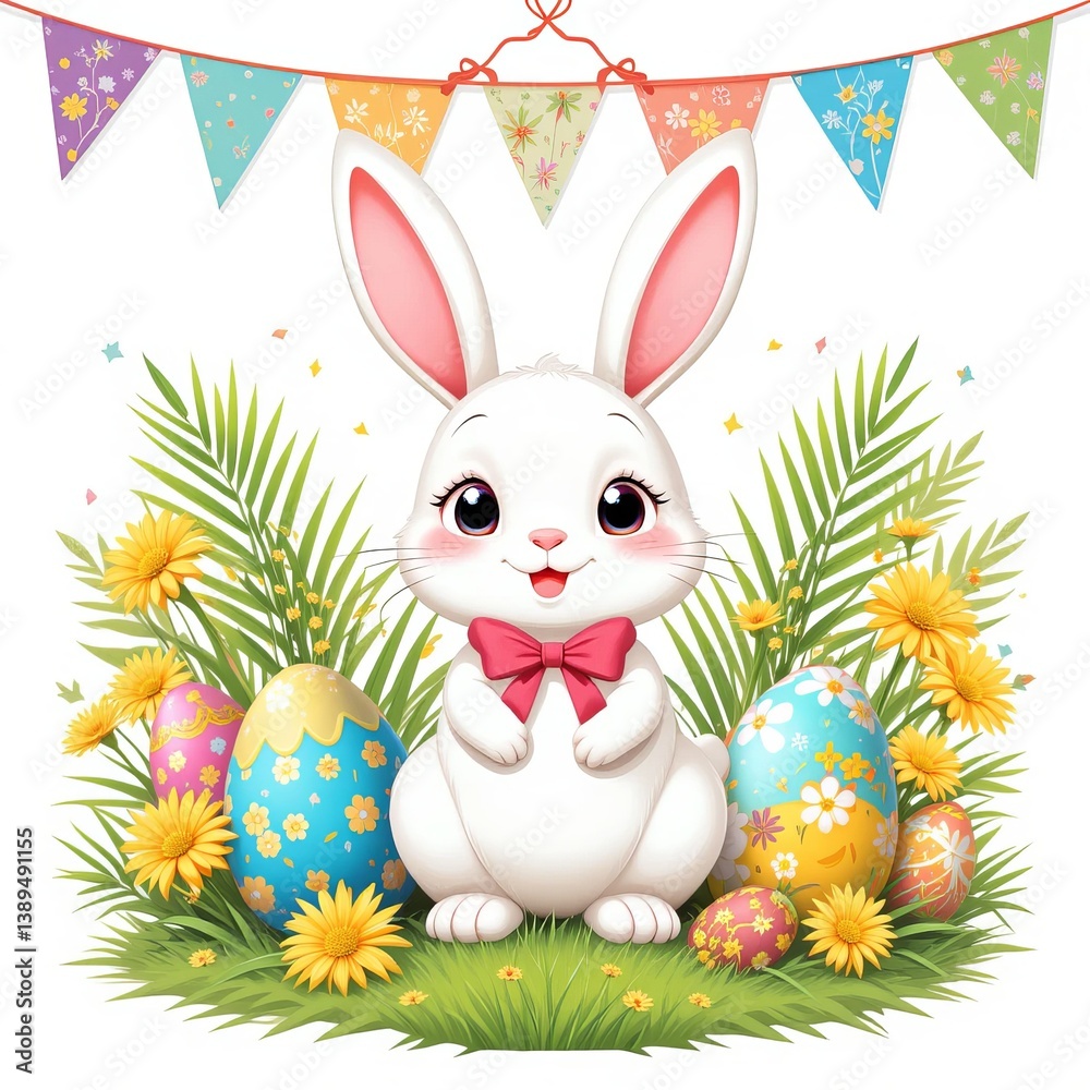 Obraz premium Cute pink Easter bunny with colorful eggs in green grass