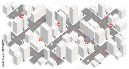 Delivery route planning, navigation plan between multiple pin. Isometric city scape navigation on a detailed map with 3D buildings. Red GPS map markers. Vector illustration