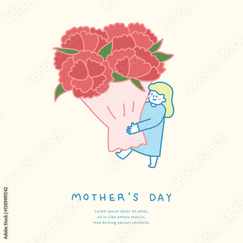 Mother's day template with mother holding carnation bouquet illustration.