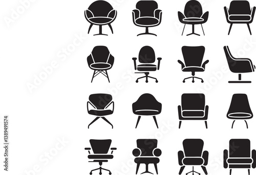 A set of black chair icons in a modern flat style, featuring various types of seating silhouettes