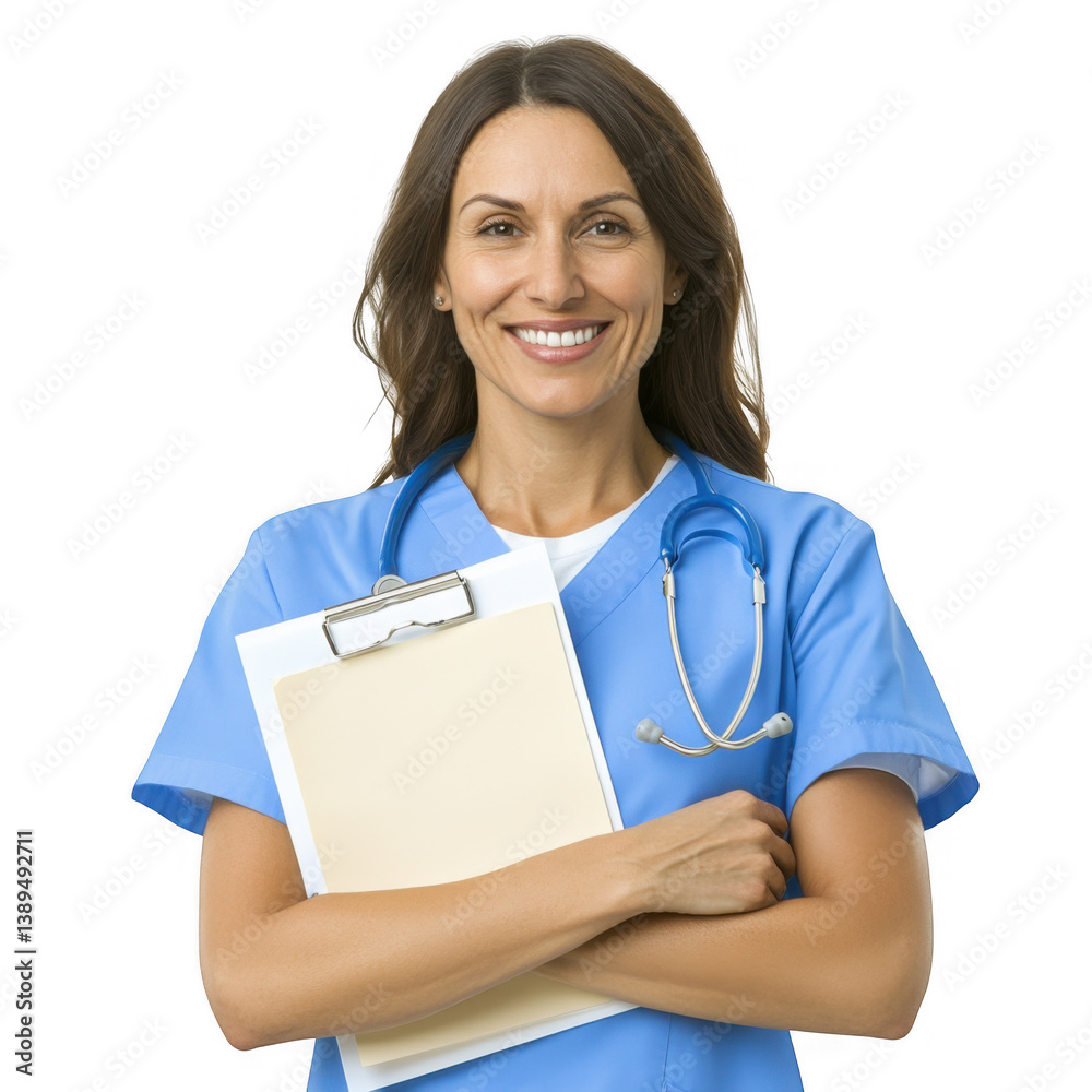 Smiling healthcare professional in blue scrubs holding a clipboard and stethoscope, showcasing dedication to patient care Smiling healthcare professional in blue scrubs holding a clipboard and stethoscope, showcasing dedication to patient care