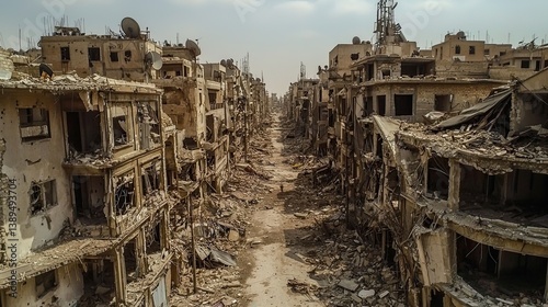 Heavily bombed out city street exhibits total destruction and ruin