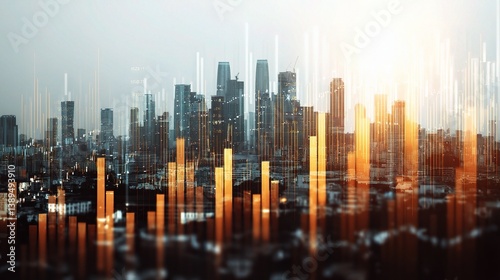 Modern City Skyline with Business Charts Overlay for Analysis