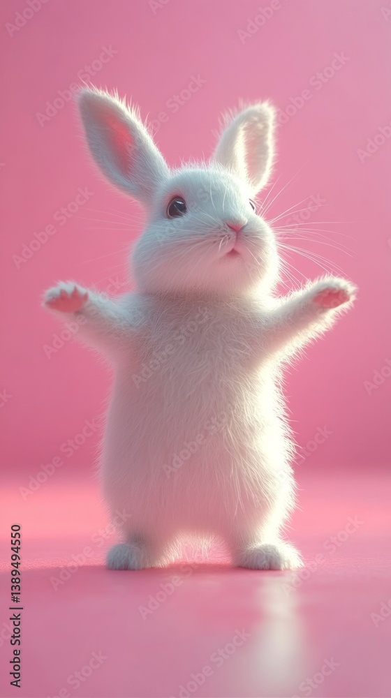 Obraz premium Cute white rabbit with raised paws on a pink background, creating a feeling of tenderness and joy. Ideal for children's illustrations, greeting cards, design of products for children.