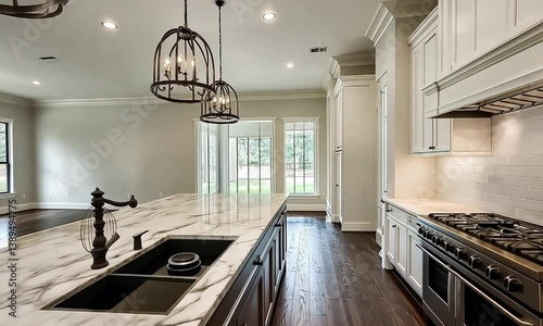 Modern kitchen interior featuring a marble countertop, elegant lighting, and spacious design