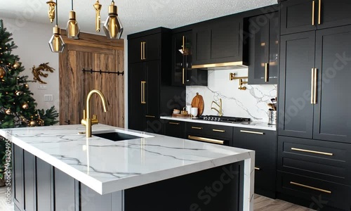 Modern kitchen interior featuring black cabinetry, marble countertops, and festive decor