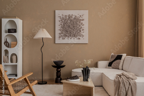 Cozy neutral-toned living room with soft textiles, geometric cushions, and sculptural decor pieces...