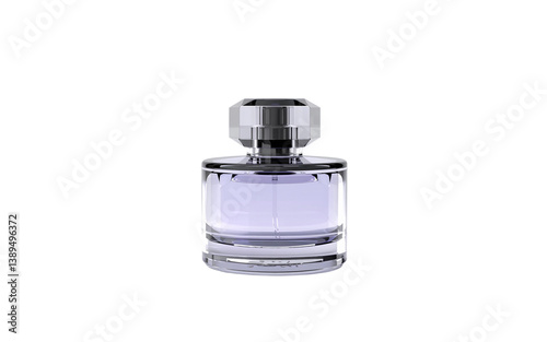 Elegant crystal bottle containing a lavender perfume placed against a white background