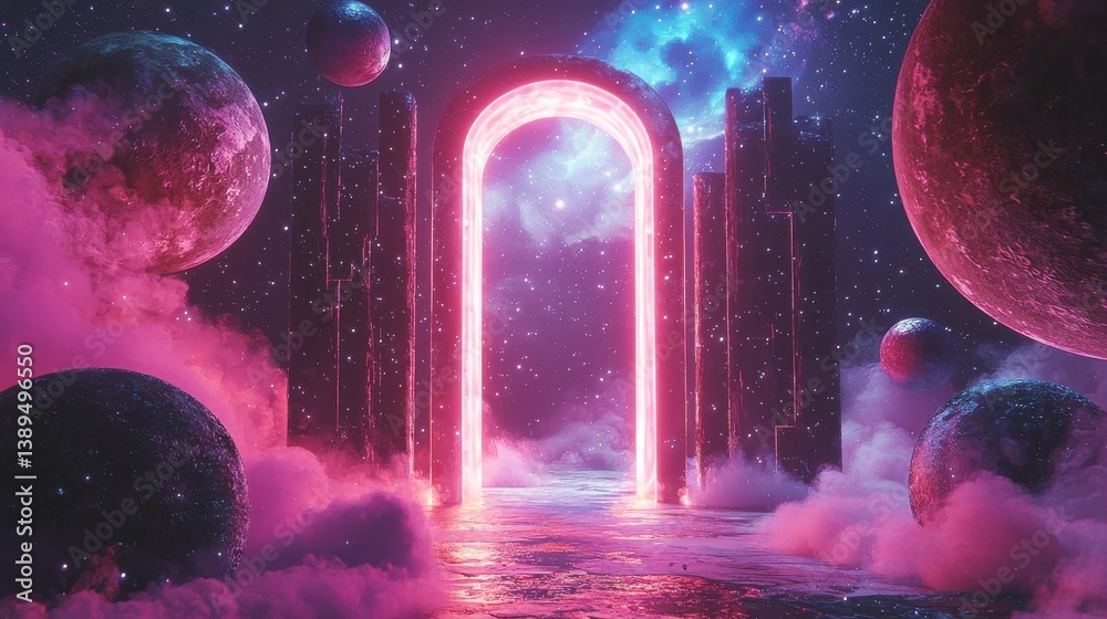 Obraz premium Vibrant Gateway Surrounded by Floating Stars and Cosmic Elements in a Colorful Atmosphere