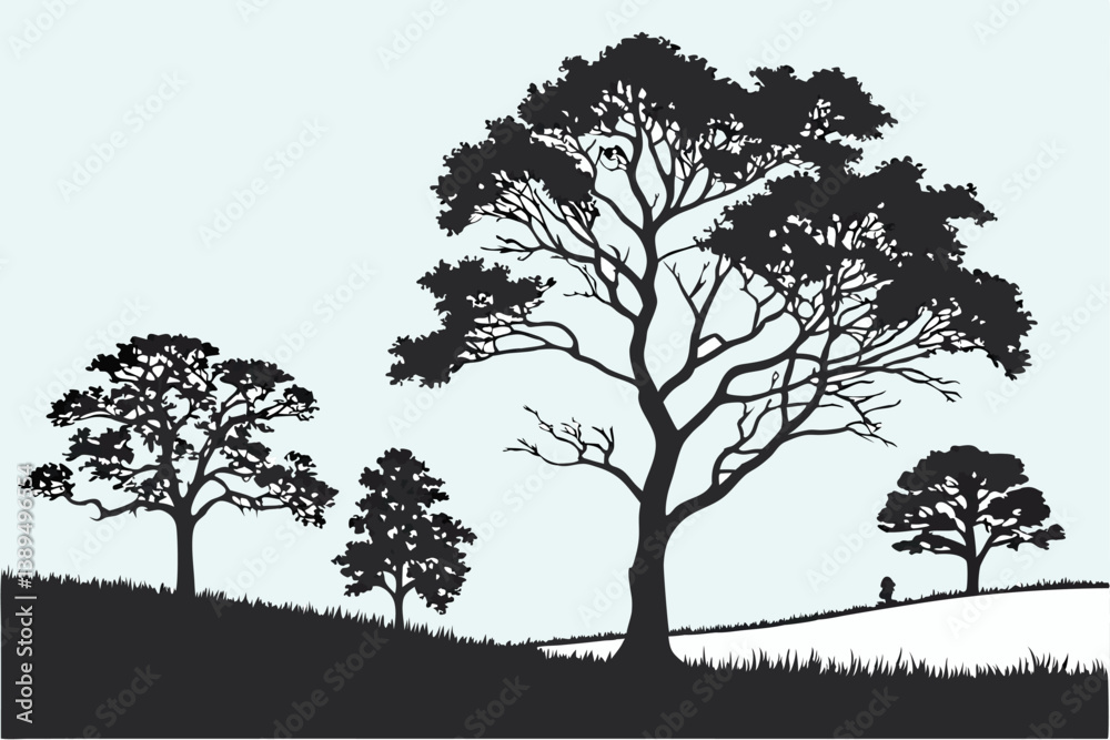 Obraz premium 93 Silhouette of trees, clear blue sky, minimalist landscape, black and white contrast, digital art, vector graphic style, tree line, grassy field, serene atmosphere, symmetrical composition, nature i