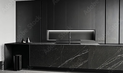 Modern kitchen interior featuring sleek black cabinetry and minimalist design elements