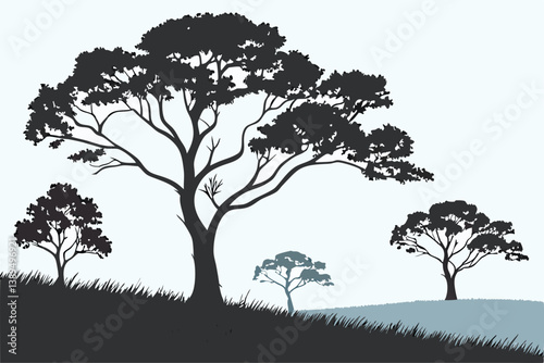 93 Silhouette of trees, clear blue sky, minimalist landscape, black and white contrast, digital art, vector graphic style, tree line, grassy field, serene atmosphere, symmetrical composition, nature i