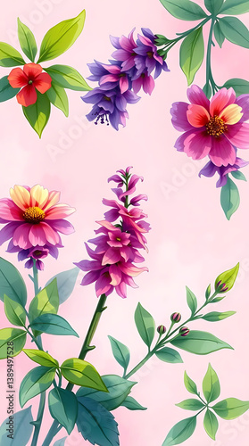 Seamless panoramic floral pattern summer theme, created by generative ai