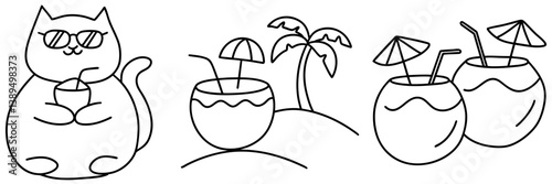 playful cat enjoys refreshing coconut drink under palm tree, capturing fun tropical vibe