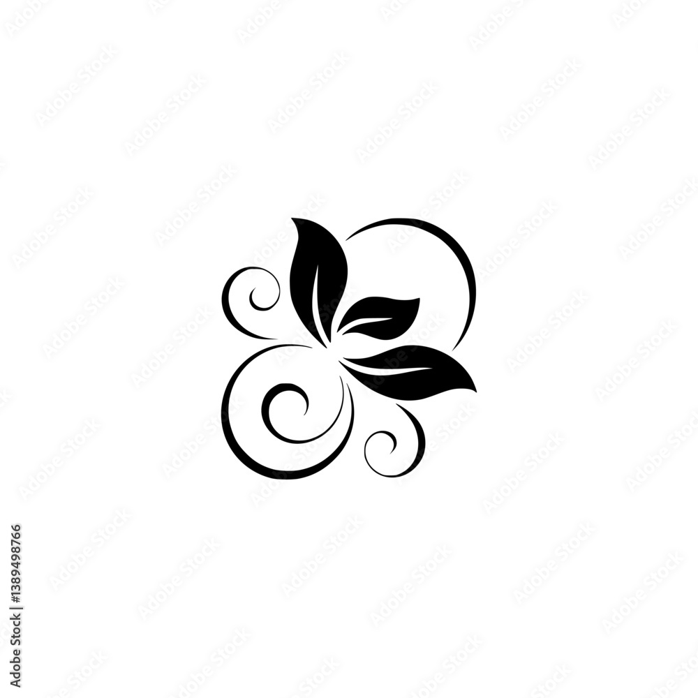 Elegant Floral Ornament: Black Leaf Motif on White Background Elegant Floral Ornament: Black Leaf Motif on White Background