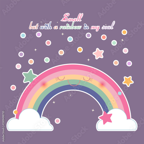 Rainbow, clouds, stars, text, Small but with a rainbow in my soul