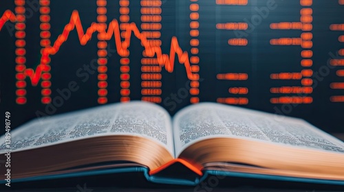 Open book revealing vertical digital lights chart in stock market concept. An open book in front of a digital stock market graph display.