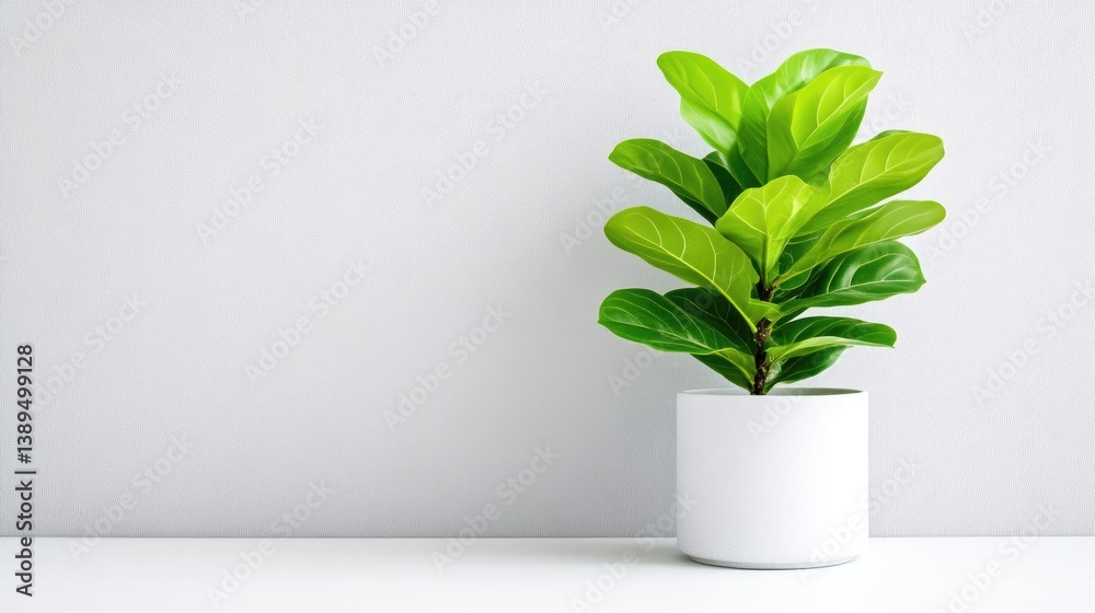Fototapeta premium A lush green potted plant sitting on a minimalist white shelf against a plain light gray wall, indoor decoration concept, and bright and clean setting.