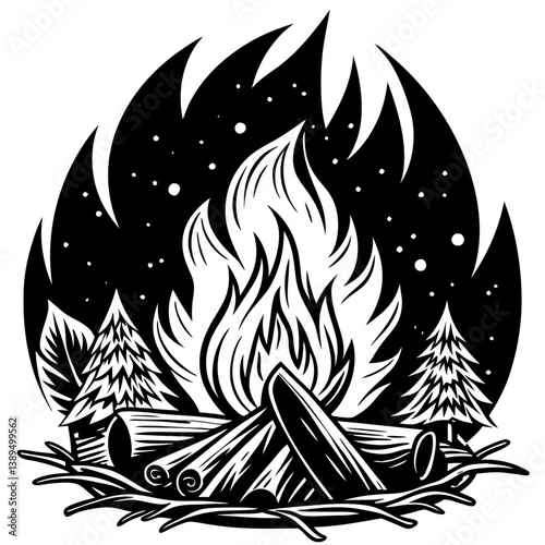Campfire Serenade: A captivating illustration of a campfire at night, capturing the essence of warmth, nature, and storytelling, featuring flames, logs, and a starry backdrop.