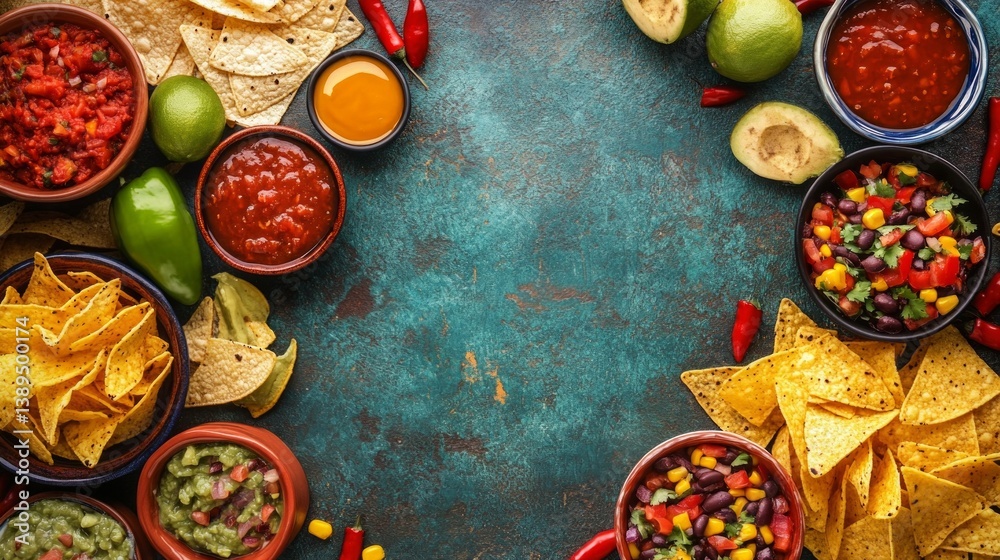 Bright composition with Mexican appetizers: chips, sauces, lime and pepper. Great for culinary blogs or restaurant advertising. Bright composition with Mexican appetizers: chips, sauces, lime and pepper. Great for culinary blogs or restaurant advertising.