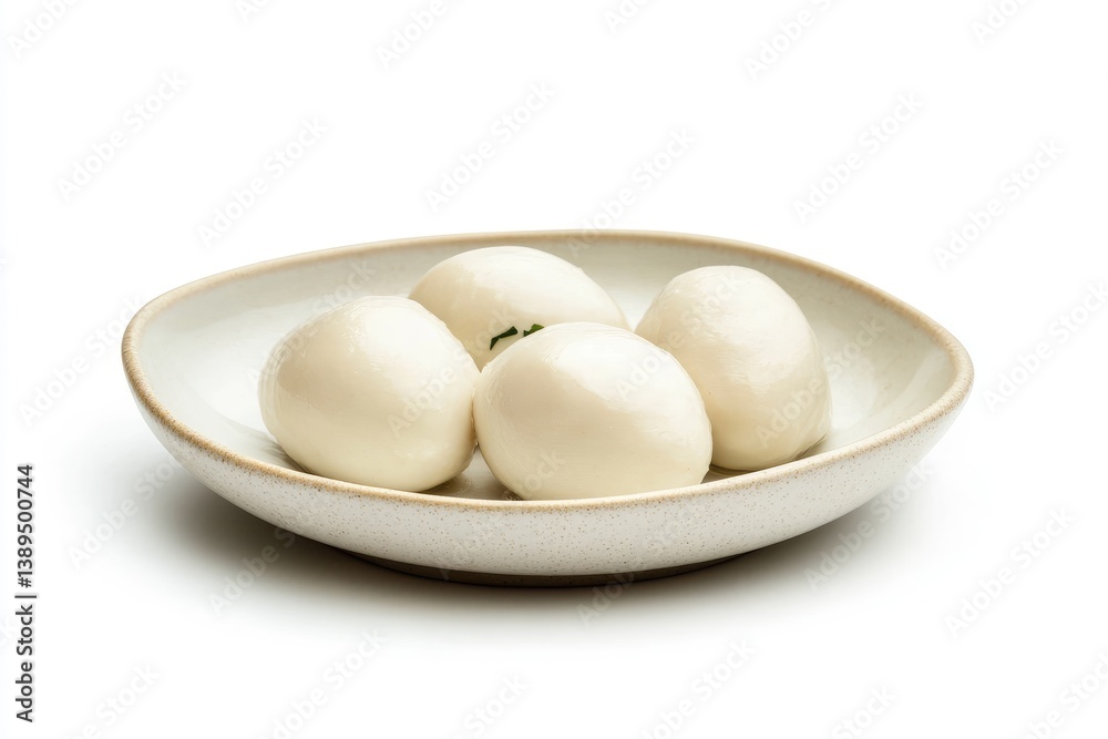 Serving Fresh Mozzarella Balls on a Ceramic Plate Against White Background Serving Fresh Mozzarella Balls on a Ceramic Plate Against White Background