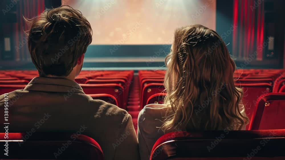 A couple sits in an old-fashioned movie theater, watching the screen ...