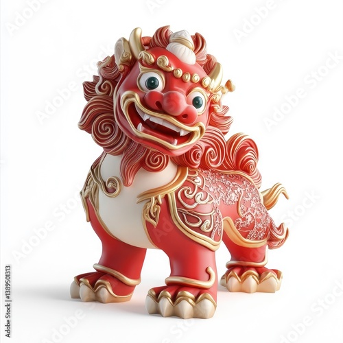 Red Chinese Lion Statue with Golden Accents Displayed on White Background photo