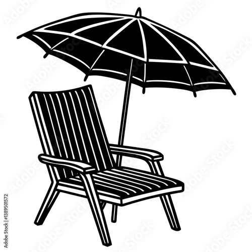 Relaxation Under Shade: A serene illustration of a wooden chair and umbrella inviting to a relaxing day in the outdoors, perfect for vacation and sunny days.