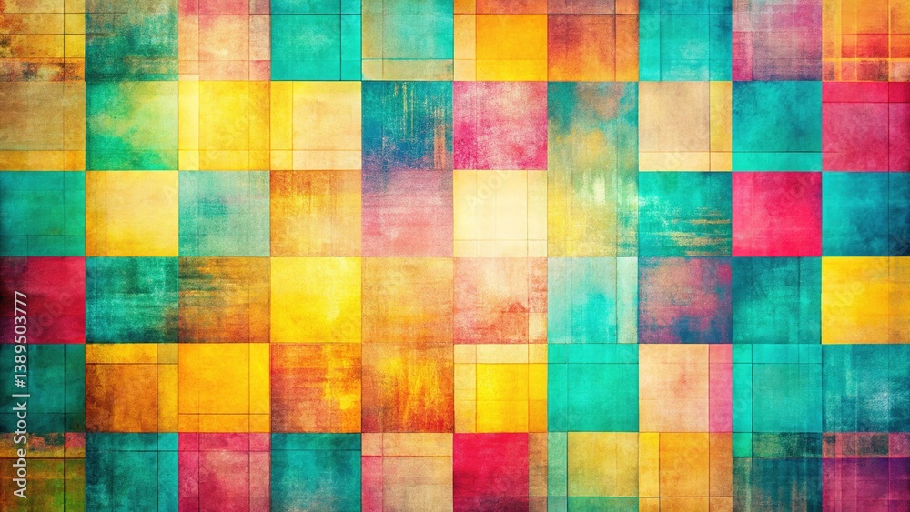 Abstract Colorful Grid Pattern - Faded Yellow Pink Teal Blocks Canvas Texture Abstract Colorful Grid Pattern - Faded Yellow Pink Teal Blocks Canvas Texture