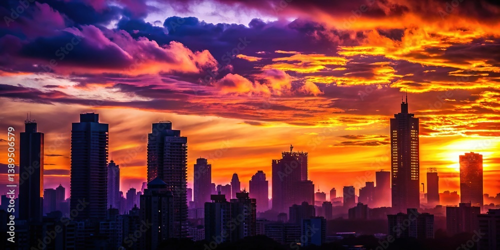 Fototapeta premium Cityscape Dusk Silhouettes - Stunning Building Shadows at Sunset